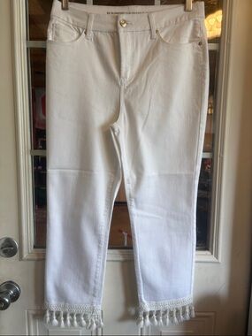 Chico's White Cropped Jeans with Tassel Hem
